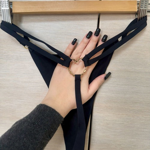 Intimissimi Black Seamless String Cotton Thong with Gold Heart, New