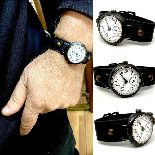 Military vintage wristwatch 1910 used, mechanical 33mm