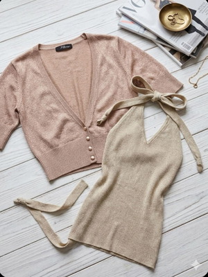 Jane Norman shrug cardigan & Pin Up halter top set gold like new