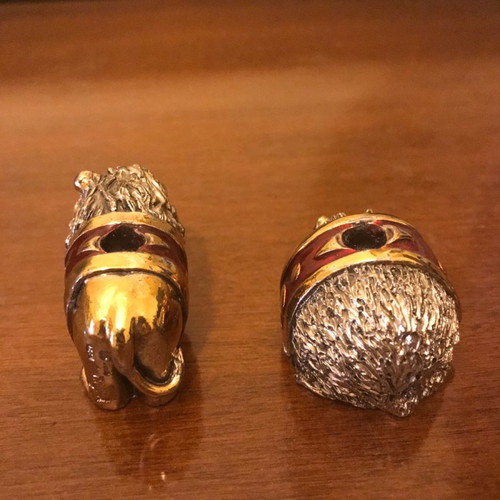 Hedgehog and lion set used, miniature enamel figurines