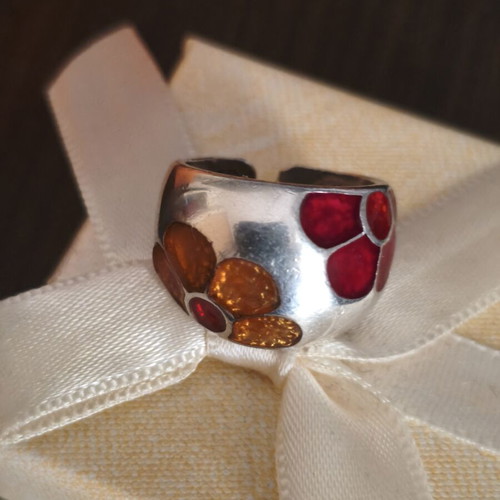 Meli Melo silver 925 ring adjustable, like new with red and orange flowers