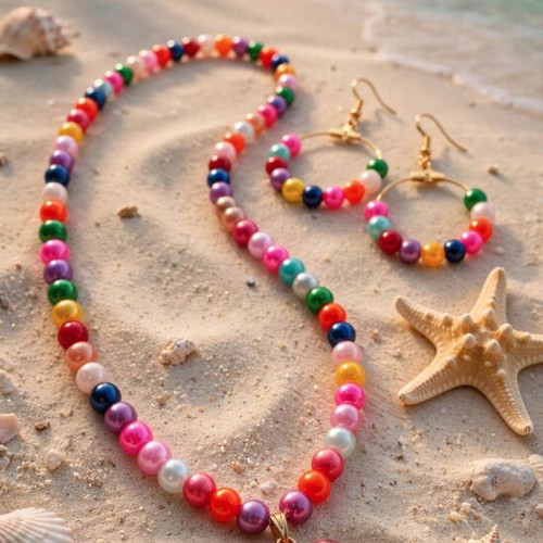 Handmade colorful beaded summer necklace and earrings set