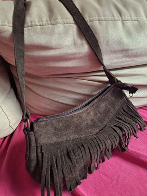 Leather shoulder bag small suede brown with fringes new
