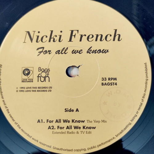 Nicki French For All We Know 12'' Vinyl Maxi Single used, electronic