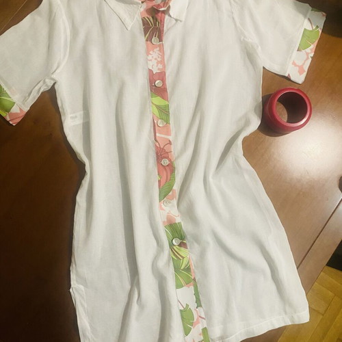 White semi-sheer shirt with floral trim, beachwear