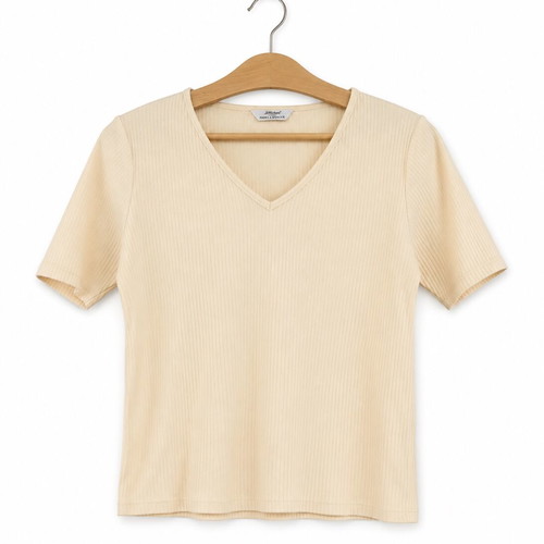 Vintage St Michael Cream Ribbed V-Neck Top cotton blend size M like new