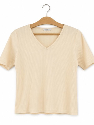 Vintage St Michael κρεμ κοντομάνικο τοπ με V λαιμόκοψη και ribbed υφή βαμβακερό μέγεθος M σαν καινούργιο