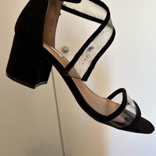 Black transparent sandals in very good condition, size 38, 5 cm heel