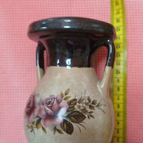 Vintage handmade ceramic vase amphora with roses, like new, 16 cm