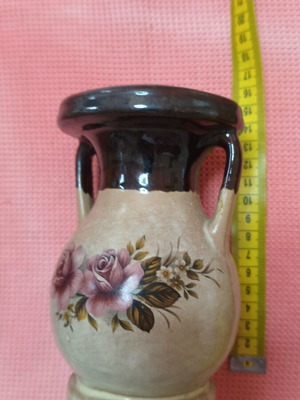 Vintage handmade ceramic vase amphora with roses, like new, 16 cm