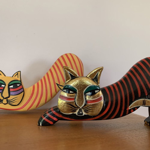 Decorative wooden cat set new, hand-painted, pack of two