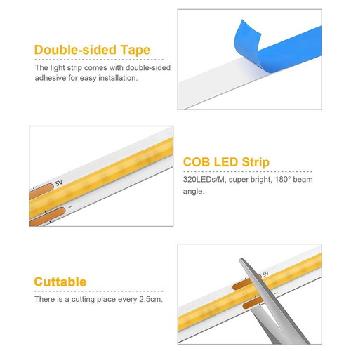 COB LED Strip Lights USB Dimmable 6x1m Warm White New