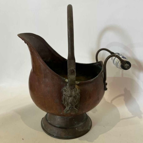 Vintage copper charcoal container with porcelain handle 20x18x16