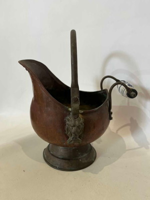 Vintage copper charcoal container with porcelain handle 20x18x16