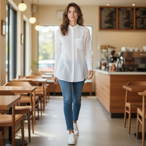 Rundholz white cotton poplin shirt tunic with back zipper, size L