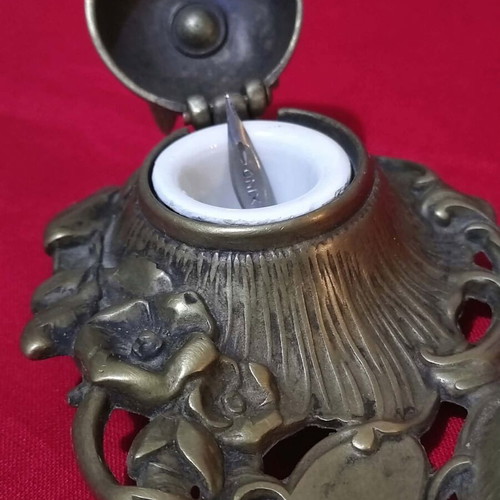 Vintage oxidized brass desk set with Art Nouveau motifs