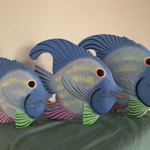 Decorative wooden fish set new, hand-painted tropical wood