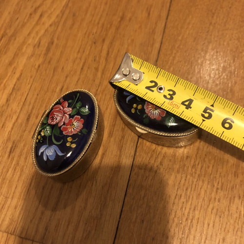 Vintage oval metal jewelry boxes handpainted, used, blue and gold, set of 2