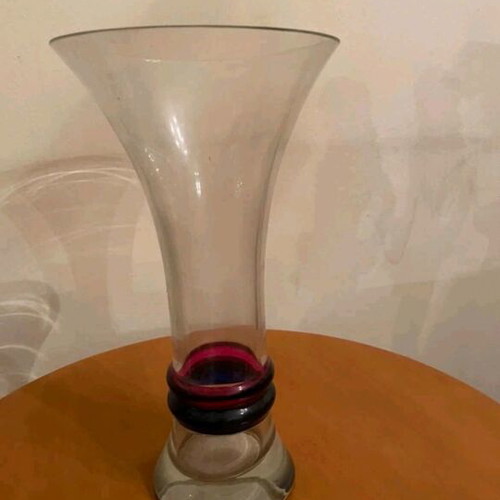 Glass vase tall with burgundy and black decorative detail like new