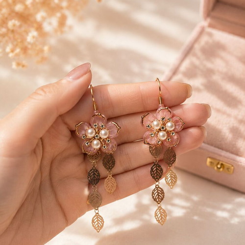 Statement Earrings Romantic Willow handmade, pink flower and dangling leaves