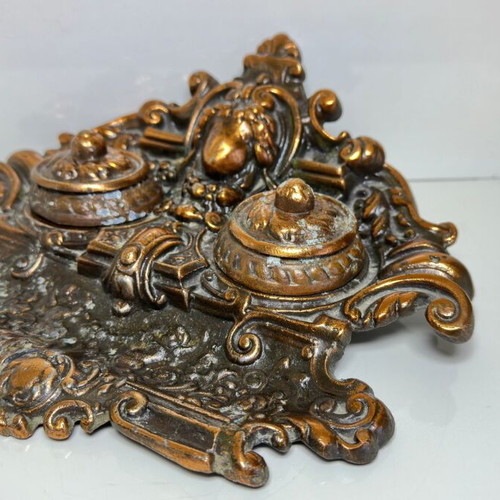 Victorian Baroque style double inkwell, brass with copper plating