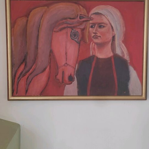 Painting by N. Dogoulis used, woman with horse on wood 53x73cm