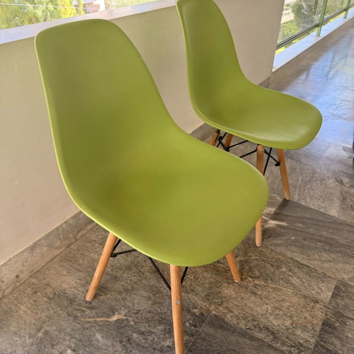 Kitchen chairs, green with wooden legs, set of 2