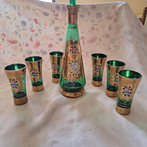 Vintage wine or ouzo serving set, like new, emerald crystal with gold