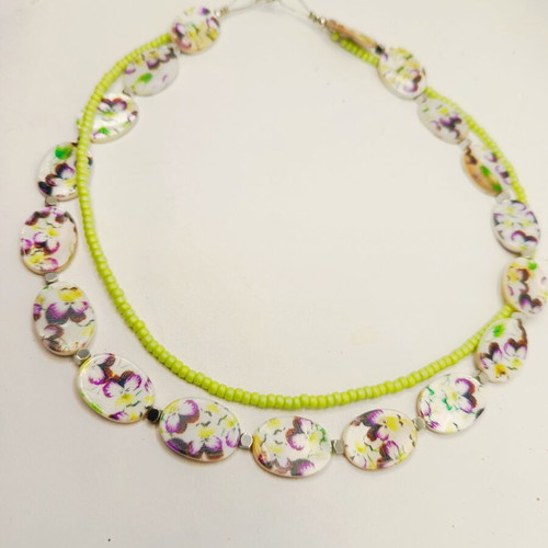 Double handmade necklace mother of pearl hematite stainless steel 40cm