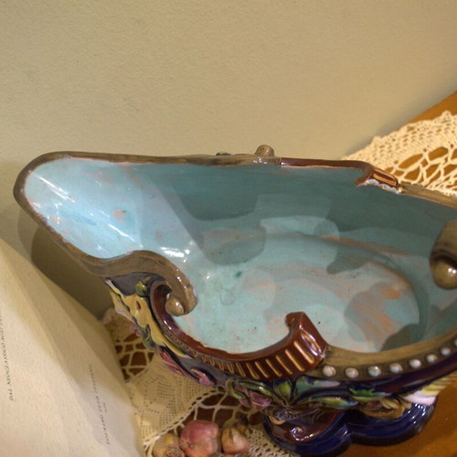 Large Antique Barbotine Majolica Jardiniere Like New