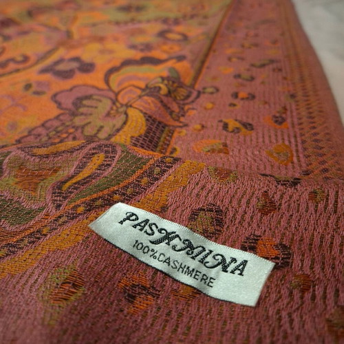 Pashmina scarf like new 100% cashmere pink gold floral design