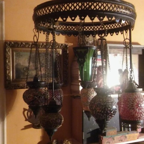 Moroccan Boho Ceiling Light with 8 Different Colored Lamps like new