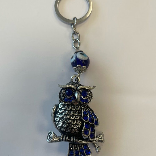 Good Luck Keychain with Owl and Eye new, blue and silver