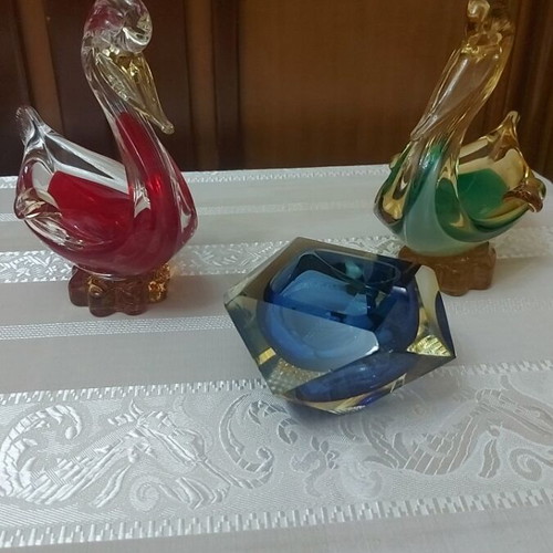 Murano crystal ducks and ashtray set