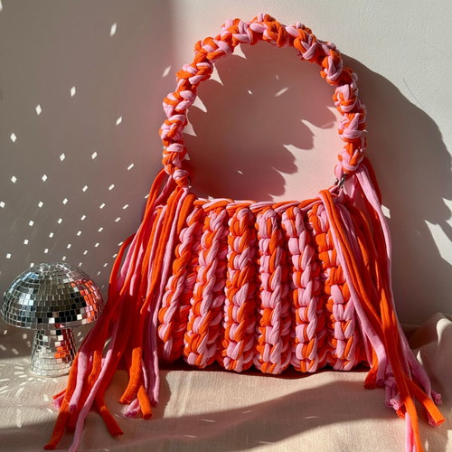 Handmade Crochet Fringe Bag new, pink and orange t-shirt yarn handbag
