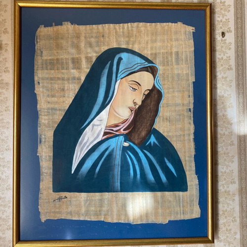 Painting of Virgin Mary on papyrus with gold frame like new