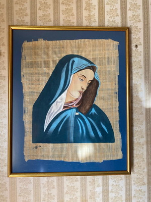 Painting of Virgin Mary on papyrus with gold frame like new