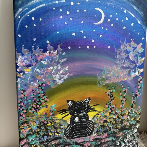 Handmade painting on canvas "Cat under the Moon" with embossed colors