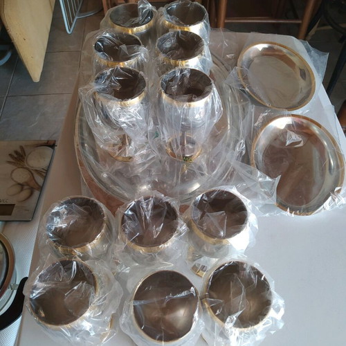 Stainless Steel Tray Set with 12 Wine/Liqueur Glasses and 2 Small Platters 24K Gold