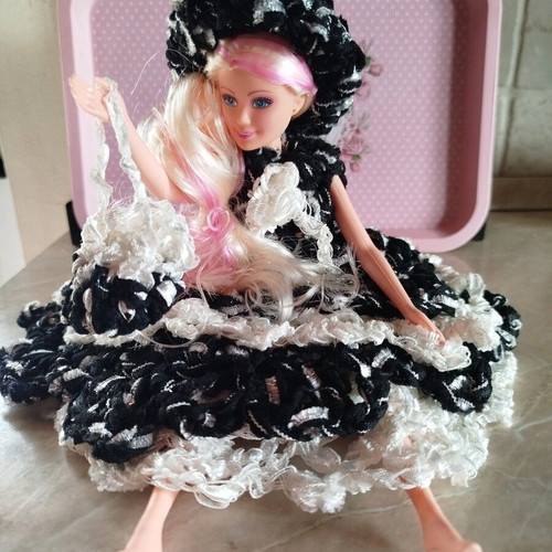 Doll with handmade dress, hat and bag, new