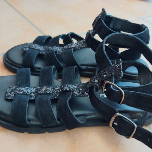 Evangelia Drosi women's leather gladiator sandals glitter black size 40