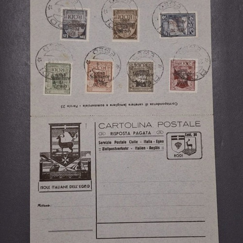 Double Postal Card of Italian Aegean Islands with Pro Assistenza stamps 1943-1944