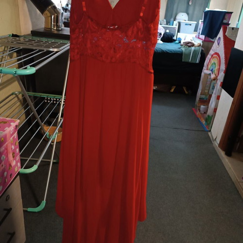 Asymmetric red evening dress like new, size S, lace detail