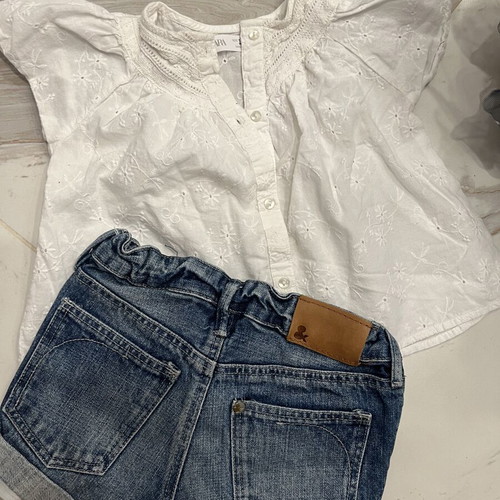Zara embroidered shirt and H&M denim shorts like new 12-18m