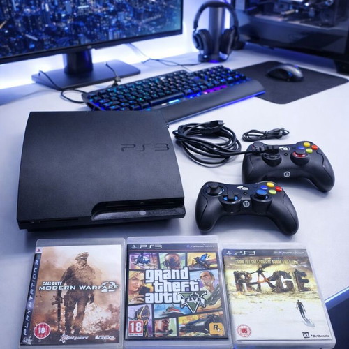 Sony PlayStation 3 like new with 2 controllers and 3 games GTA 5, Call of Duty, Rage