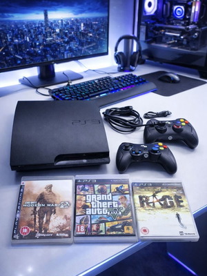 Sony PlayStation 3 like new with 2 controllers and 3 games GTA 5, Call of Duty, Rage