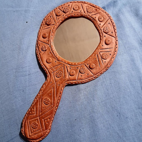 Handmade clay hand mirror like new, folk art, 18×10 cm