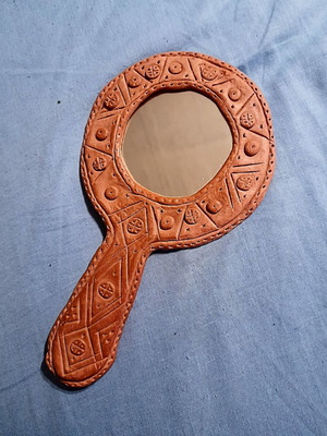 Handmade clay hand mirror like new, folk art, 18×10 cm