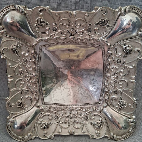 Vintage silver-plated tray 25cm used, decorative baroque design