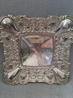 Vintage silver-plated tray 25cm used, decorative baroque design